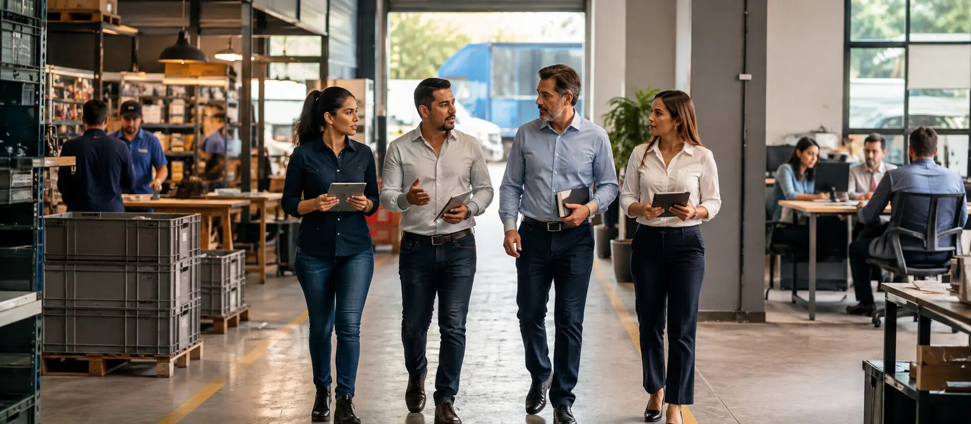 Profesionales recorriendo una empresa que integra operaciones industriales y servicios